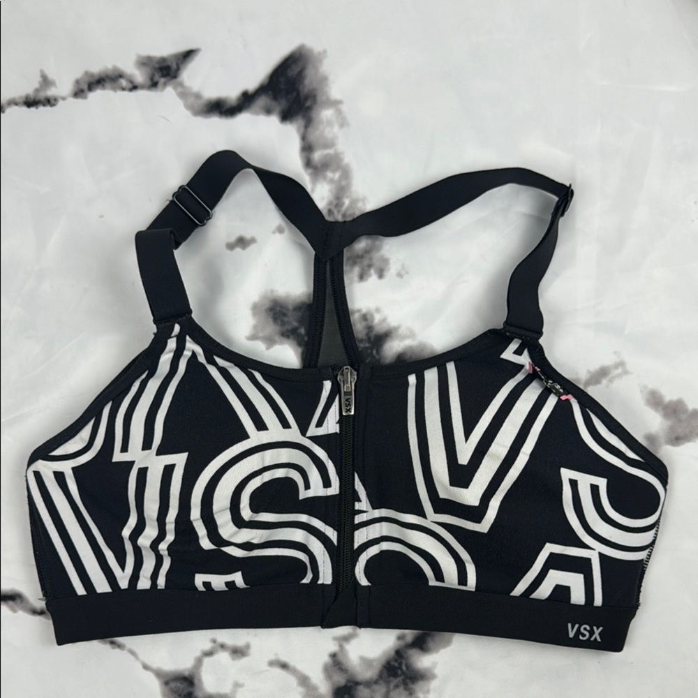 Victoria's Secret VSX Sports Bra Zip Front Close Black & White Medium Support
